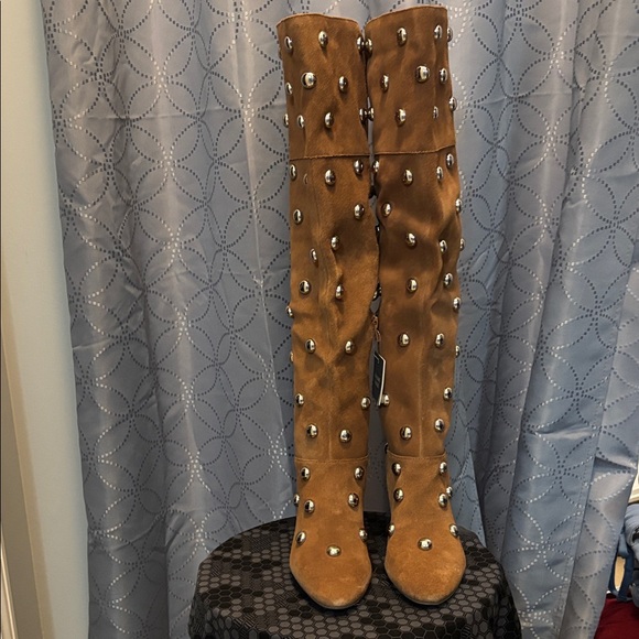 A.N.A Genuine Suede Tan Over-the-Knee Boots with Silver Studs - Picture 2 of 9